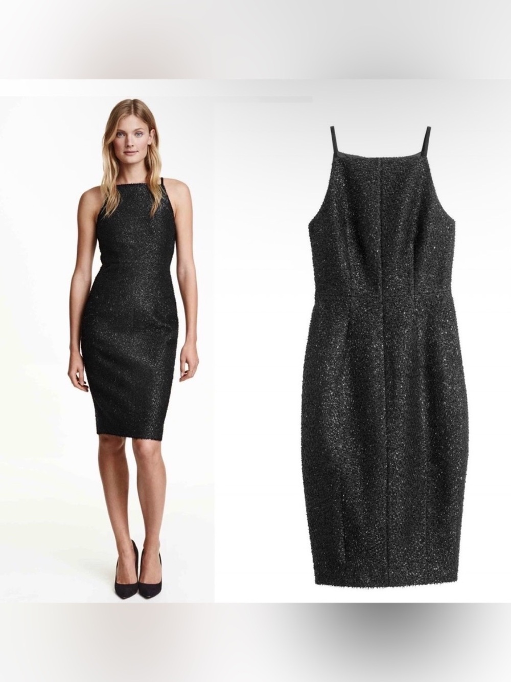NWOT H&M Tinsel Textured Pencil Spaghetti Strap Knee Length Little Black Dress